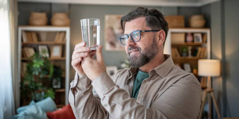 man inspecting water glass